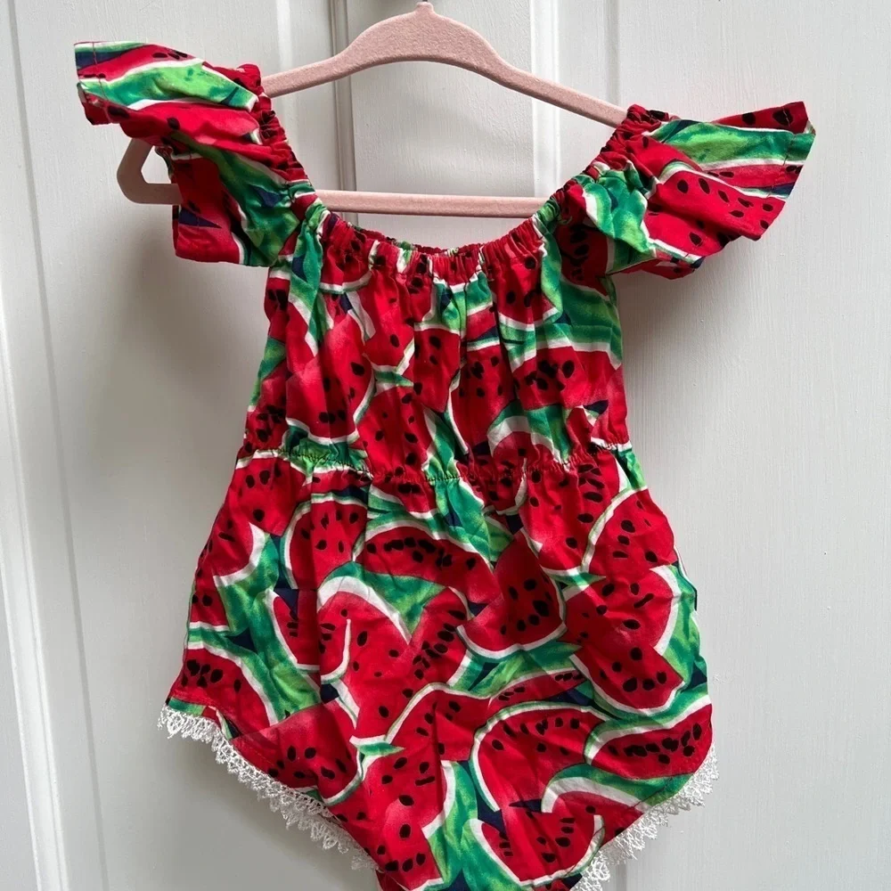 NWOT 18-24M Watermelon Green and Red Flutter Sleeve Custom Made Romper